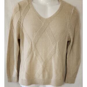 CJ Banks VTG Y2k Beige Textured Diamond Pattern V Neck Long Sleeve Pullover W Sm